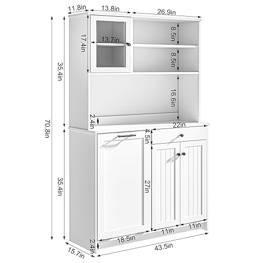 OLD CAPTAIN Tilt Out Trash Cabinet with Deodorising Function, Kitchen Hutch with Microwave Shelf and Drawer, Kitchen Pantry with Trash Cabinet for 10 Gallons, White