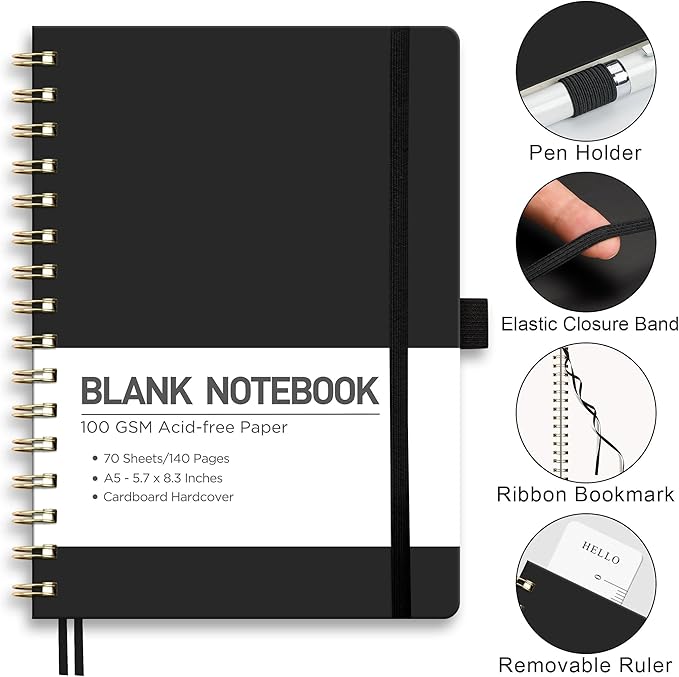 RETTACY Blank Journal Notebook, 140 Pages, A5 Medium Size (5.7'' x 8.3''), Hardcover, 100 GSM Thick Paper, for Sketching, Drawing, Painting (Black)