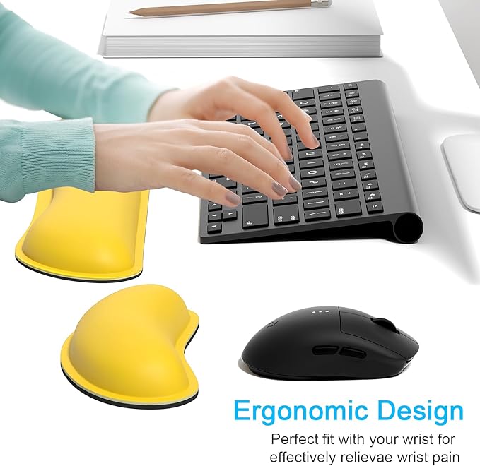 Dapesuom Keyboard Wrist Rest Set, Cute PU Leather Wrist Cushion for Computer Keyboard and Mousepad, Memory Foam Mouse Pad Rests Support with Non-Slip Base for Typing Pain Relief, Laptop, Yellow