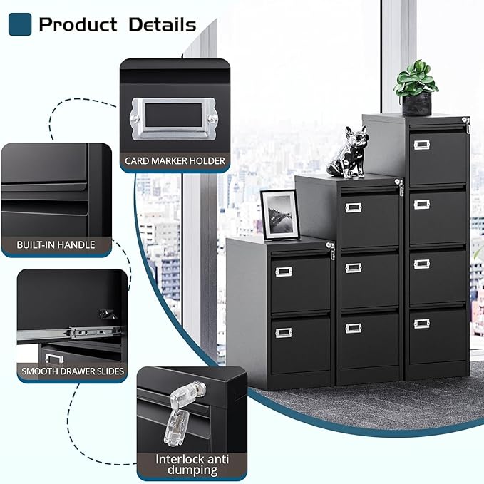 MIIIKO2 Drawer File Cabinet, Metal Vertical Filing Cabinets with Lock, Office File Folders Storage Cabinet for Letter Legal A4 Size