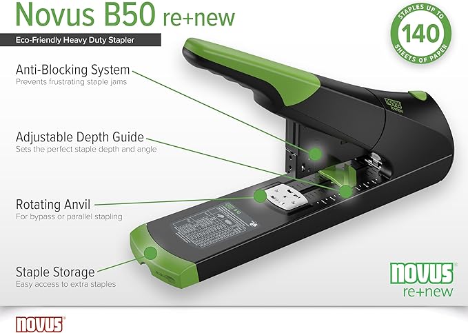 Novus B50 re+New Heavy Duty Stapler, 140 Sheet Capacity, Made of 81% Recycled Plastic, German Engineered, Adjustable Guide, 25 Yr. Warranty, Black (023-0065)