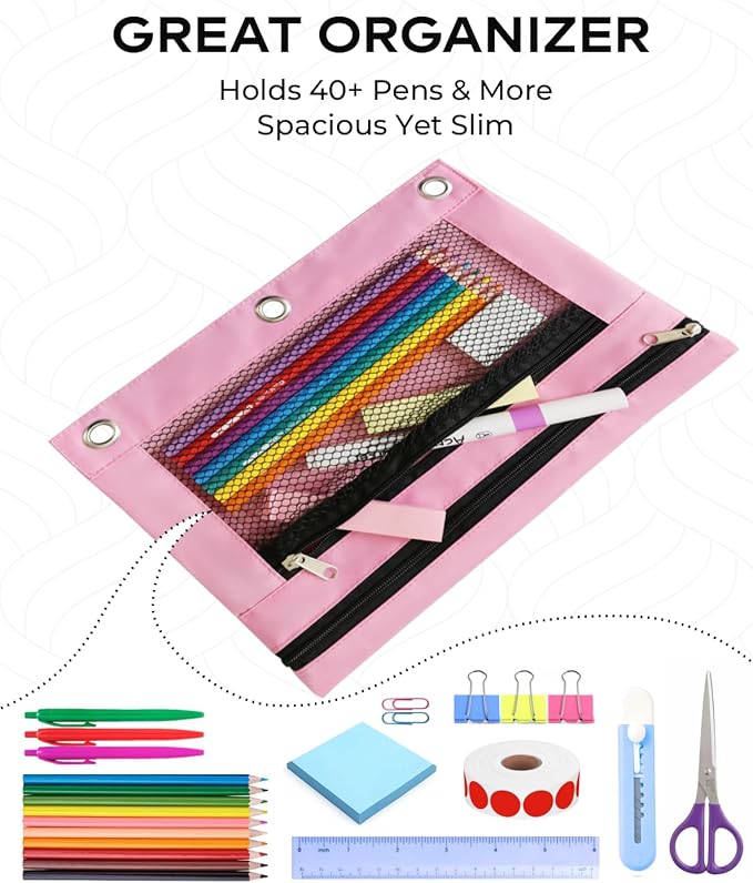 3 Ring Binder Pencil Pouch - School Pencil Case with 2 Zippered Pockets, Clear Mesh Window Pencil Bag, B5 Size, Back to School Gifts (Pink)