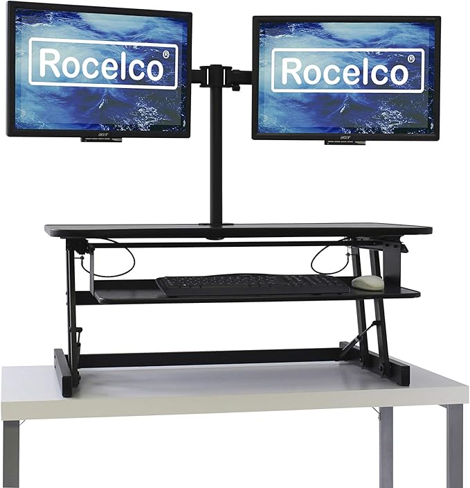 Rocelco 37.5" Deluxe Height Adjustable Standing Desk Converter with Dual Monitor Mount BUNDLE - Quick Sit Stand Up Computer Workstation Riser - Large Retractable Keyboard Tray - Black (R DADRB-DM2)