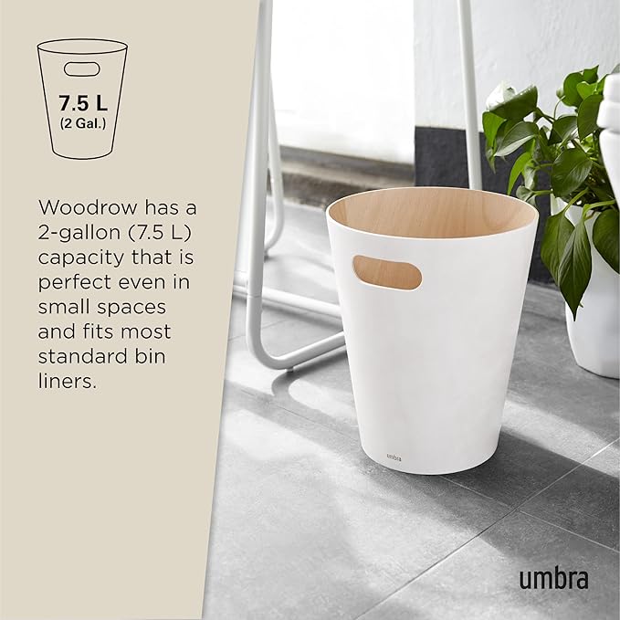 Umbra Woodrow, 2 Gallon Modern Wooden Trash Can Wastebasket or Recycling Bin for Home or Office, White