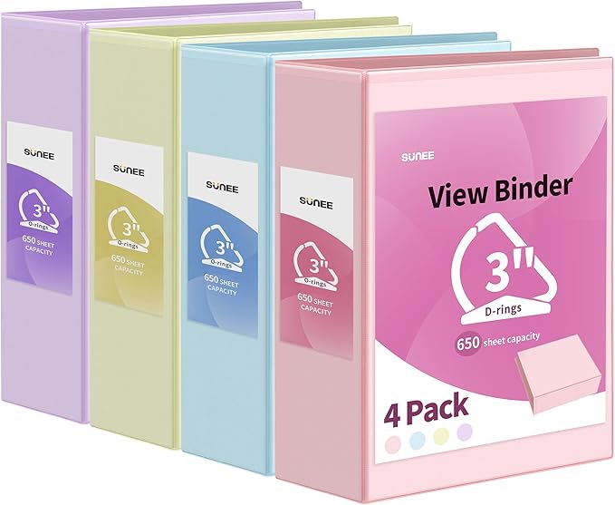 SUNEE 3 Ring Binder 3 Inch D Ring, Clear View Binder Three Ring PVC-Free (Fit 8.5x11 Inches) for School or Office Supplies, Assorted Pastel, 4 Pack