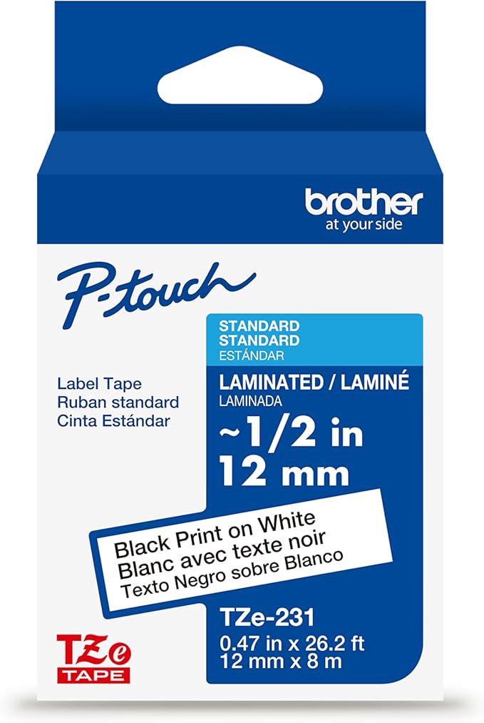 Brother Genuine TZe231~1/2” Black Print on White Label Tape. Each: 0.47 in x 26.2 ft (12 mm x 8 m)