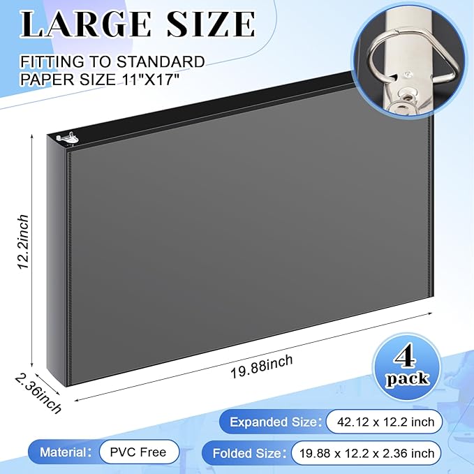 4 Pcs 11 x 17 Inch View Binders 1 Inch 3 Rings Slant Heavy Duty View D Ring Binders Economy Holds 11" x 17" Paper for Artwork Blueprints, Office, Home, Work Places(Black)