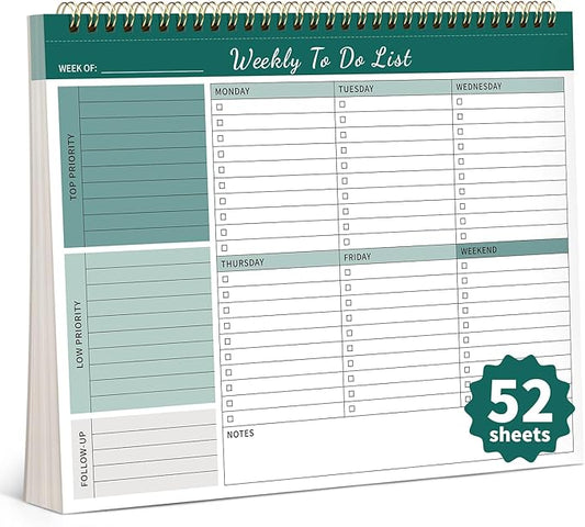 Weekly To Do List Notepad, 52 Undated Sheets （8.5"×11") Duplex-printed Weekly Planner Notepad For Work Home School Office Desk Accessories Supplies & Goal Setting Tasks - Green
