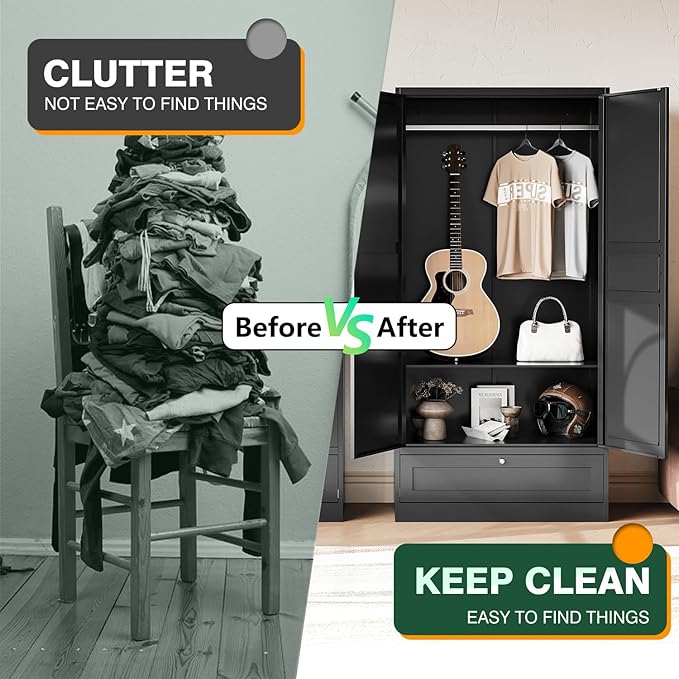 Letaya Wardrobe Closet,72" H Clothing Metal Storage Cabinet with Storage Drawer Adjustable Shelves and Hanging Rod,Bedroom Armoire Cabinet Clothes Organizer (Black)