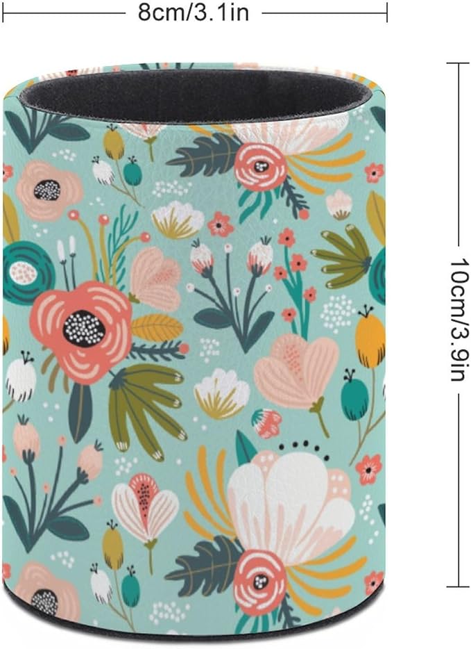Mint Flowers Pen Holder Pencil Organizer Cute Pencil Cup Desk Decor Makeup Brush Holder PU Multifunctional Office Suppliesfor Home Classroom School