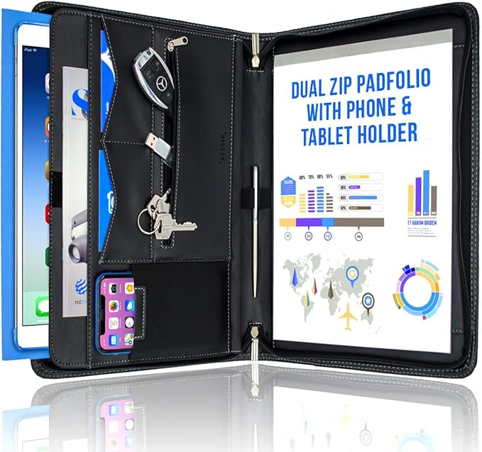 STYLIO Zipper Padfolio Portfolio Binder Organizer | Faux Leather Portfolio for Resume, Documents, Phone, Tablet, Business Supplies and Cards | Notebook Organizer with Letter Sized Notepad Included