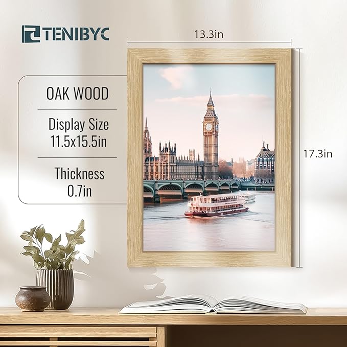 12x16 Oak Picture Frame 3 Pack, Natural Wood Grain, HD Tempered Glass, Wall Hanging