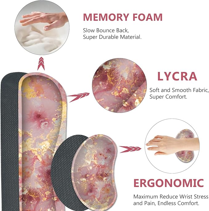 AIMSA Keyboard Mouse Pad Set, Large Gaming Mouse Pad +Wrist Rest Mouse Pad +Keyboard Wrist Support +Coaster, 35x15.7 inch Extended Desk Mat for Easy Typing Pain Relief (Pink Gilt Marble)