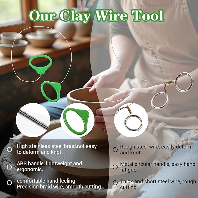 2 Pcs Pottery Wire Tool Clay Cutting Wire Handle Standard Clay Cutters Steel Wires Sculpting Tools for Green Black Pottery Wheel Artists Cut Off