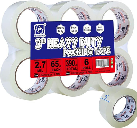 PERFECTAPE 3" Heavy Duty Packing Tape 6 Rolls, Total 390Y, Clear, 2.7 mil, 3 inch x 65 Yards, Ultra Strong, Refill for Packaging and Shipping(3" Width, not 2" Width)