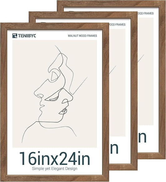 16x24 Poster Frame 3 Pack - Brown Walnut, Natural Solid Wood Picture Frame, Wall Gallery Frame