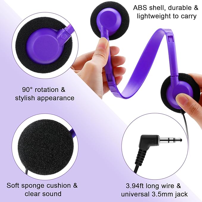 Yunsailing 30 Pack Class Set Headphones for Students Bulk School Headsets Earphones with 3.5mm Jack Classroom Must Haves Teacher Supplies for Adults Laptop Computer(Purple)