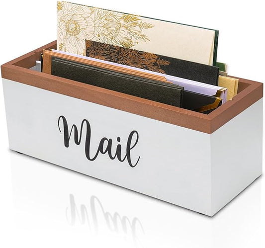 100% Real Wood Mail Organizer for Countertop, Dual-Sided Mail Script Design, Mail Holder for Office, Desk, Entryway Table, Rustic Farmhouse Style, Great Home Decor Gifts