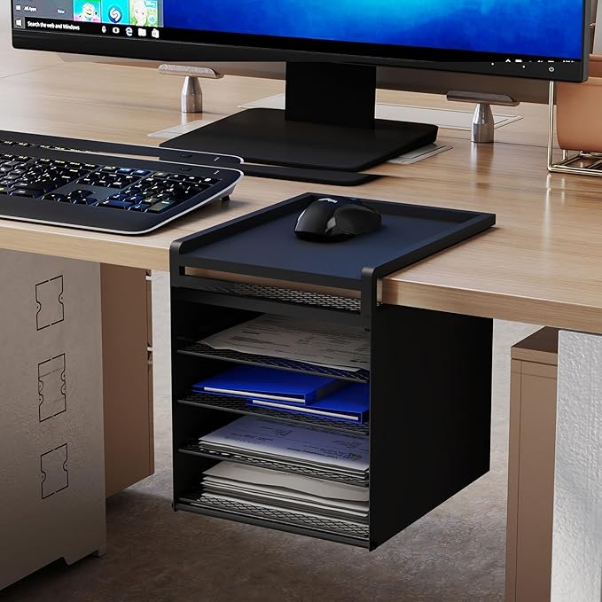 Aothia Desk Organizer with 4 Sliding Trays – Metal File Organizer for Desktop, Hanging Under Desk Organizer and Paper Tray Shelf, Space-Saving Office Document Sorter, Black