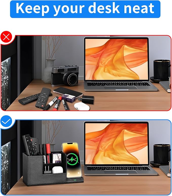 Wireless Charger with Desk Organizer, Fast Charging Station for iPhone 15 14 13 12 11 Pro Max/Samsung Galaxy S23/S22/S21/S20/Z Flip/Fold 5, Desk Phone Charger Stand Office Desktop Organizer Leather