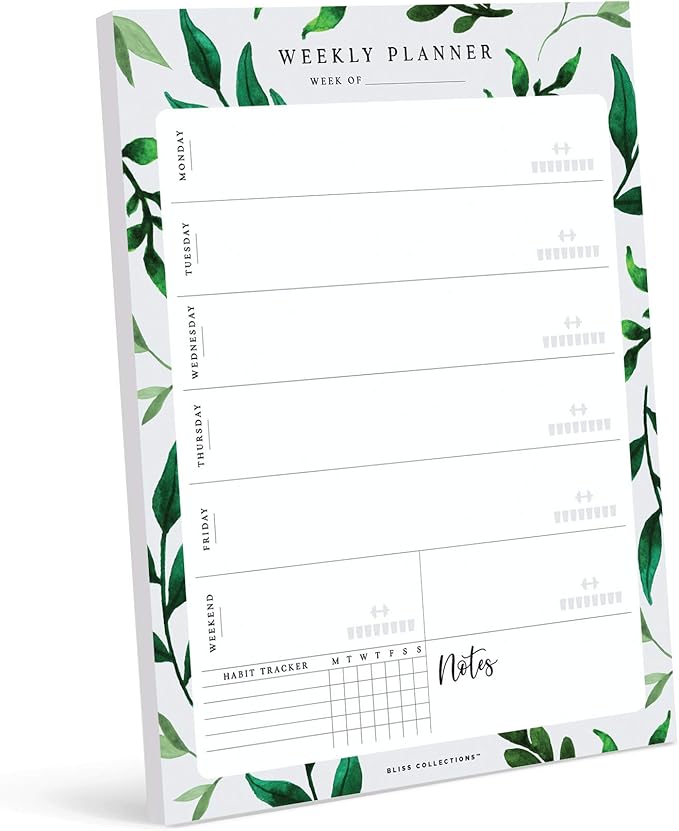 Bliss Collections Weekly Planning Pad, Desk Calendar - Greenery - Undated Tear-Off Sheets Notepad - Calendar, Organizer, Scheduler for Goals, Tasks, Ideas, Notes & To-Do Lists - 8.5" x 11", 50 Sheets