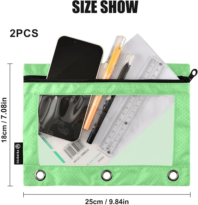 Gredecor Binder Pencil Pouch 3 Ring Light Green Zipper Pencil Pouches Case 2 Pack Clear Binder Organizer for School Office