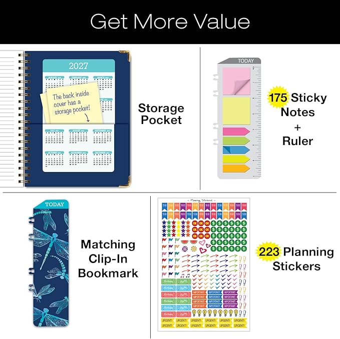 HARDCOVER 2026 Planner, 8.5"x11": 14 Months (November 2025 - December 2026), Daily Weekly Monthly Planner, Yearly Agenda, Bookmark, Pocket Folder and Sticky Note Set (Dragonflies)