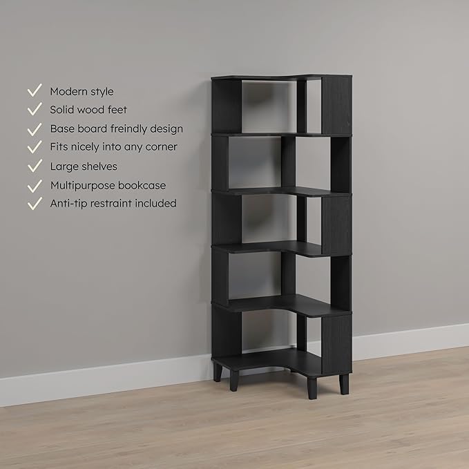 Prepac Nordik 6-Tier Black Modern Mid Century Corner Bookcase, 71.5" Extra Tall Black Corner Shelf with Storage, Multifunctional Freestanding Bookshelf for Home Office, Living Room, Dining Room