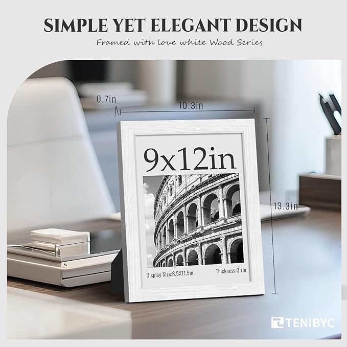 9x12 Picture Frame 4 Pack - White Solid Wood Poster Photo Frame - Tempered Glass - Woodgrain Series - Room, Office, Gallery, Studio Display - Tabletop & Wall Hanging