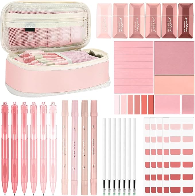 Janlaugh 38 Pcs Aesthetic College School Supplies with Pen Case Sticky Notes Gel Pens Highlighters Correction Tapes Back to School Stationery Kit(Pink Color,Classic)
