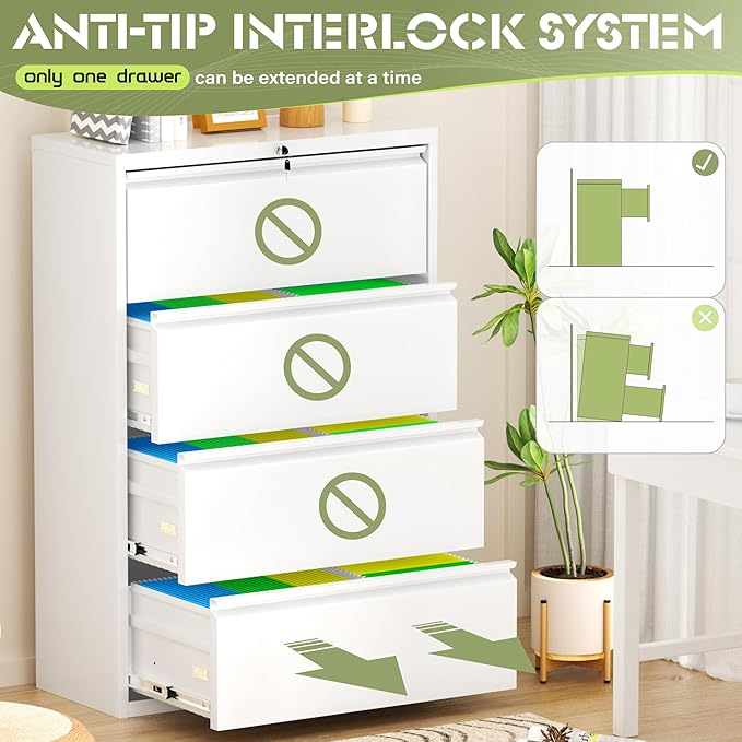 Incbruce 28" W 4 Drawer Lateral File Cabinet, Metal 4 Drawer Lateral Filing Cabinet with Lock, Steel Wide Filing Organization Storage Cabinet for Home, Office, Fit A4/F4/Letter/Legal File (White)