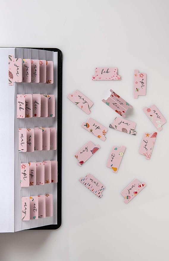 DiverseBee Laminated Planner - 24 Peel and Stick Tabs (12 Month, 12 Blank), Calendar Dividers (Rose)
