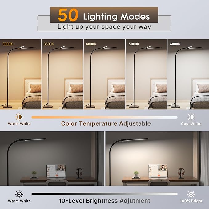 Syrinx LED Floor Lamp, Dual Head Gooseneck Floor Lamps for Living Room with Gesture Switch & Remote Control, 14W Bright Tall Standing Lamp Modern Eye-Caring Reading Floor Lamp for Bedroom Office