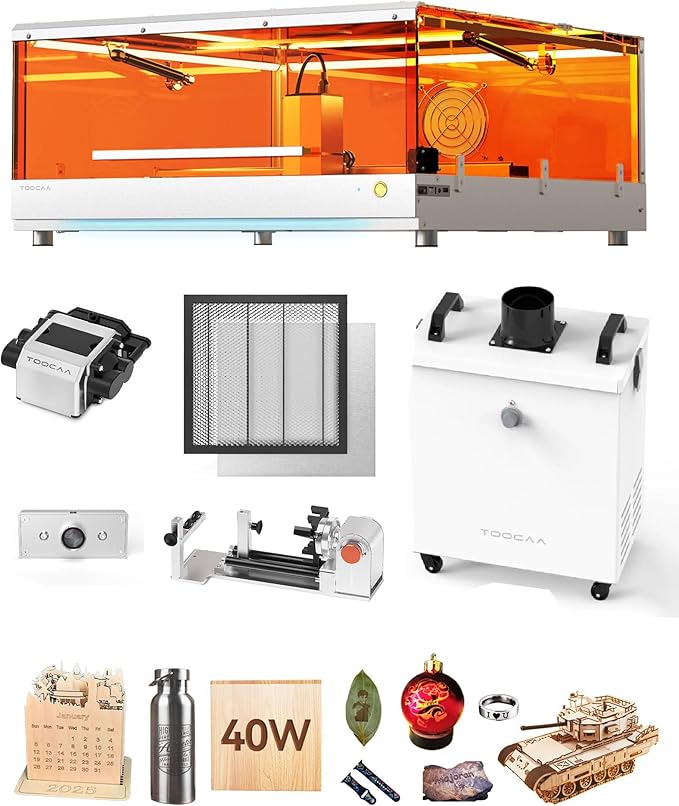 TOOCAA 40W Lazer Engraving Machines with 5 in 1 Rotary Roller Set, Fume Extractor, Smart HD Camera, Air Assist, Honeycomb Panel, Laser Cutter and Engraver Machine for Tumblers Wood Metal Acrylic