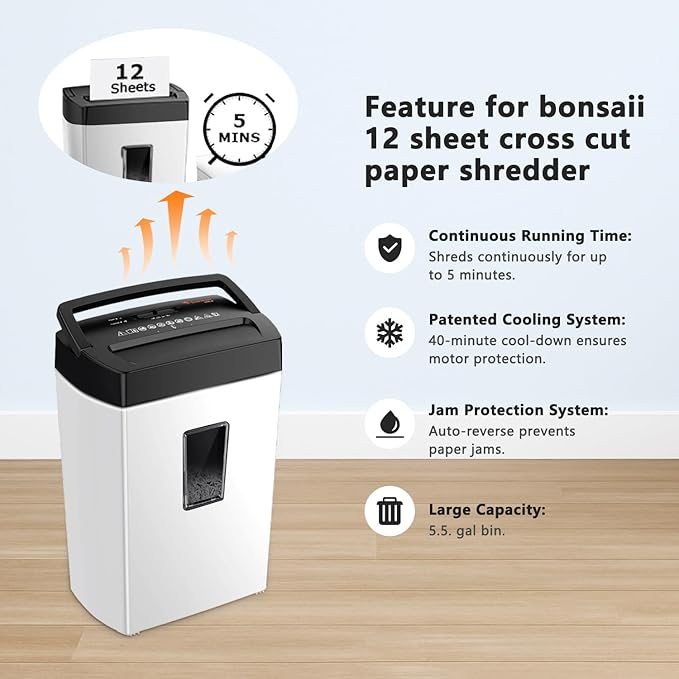 Bonsaii 12-Sheet Cross-Cut Paper Shredder, P-4 Security, Credit Card & Document Shredder for Home/Office, 5-Min Run with Overheat Protection, Compact Handle, 5.5-Gal Bin, Black/White
