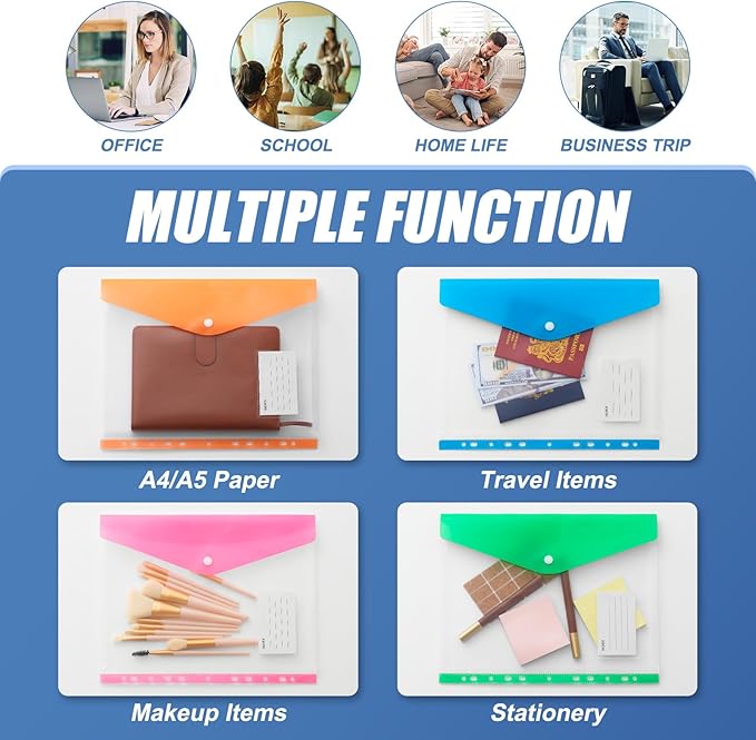 Binder Pocket Organizer Folders, 12 Pack Expandable Files Bag Plastic Envelopes Binder Folders with 11 Holes for 2/3/4 Ring Binder, Document Pouch with Snap Button and Label for School Office Home