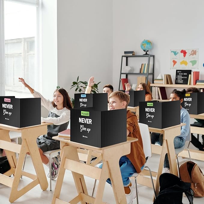 Privacy Shields for Student Desks, Inspirational Privacy folders for Student Testing Desk Dividers- Includes Extra Labels, Black (Pack of 24)