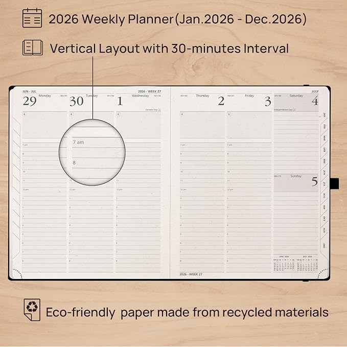 POPRUN 2026 Planner - 2026 Recycled Weekly Planner[8.5''x 10.5''- Italian Regenrated Leather Hard Cover] with Hourly Schedule & Vertical Weekly Layout, Monthly Tabs, Inner Pocket - Black Grey