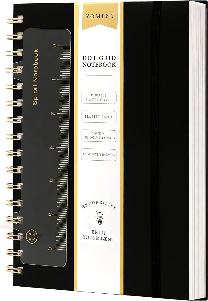 Dot Grid Spiral Notebook A5 Spiral Bullet Dotted Journal 160 Pages Thick Dot Paper Notebooks Plastic Hardcover Spiral Notebook 5x7 Wire Bound Notebooks for Note Taking School Office Supplies,Black