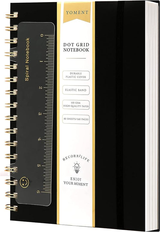 Dot Grid Spiral Notebook A5 Spiral Bullet Dotted Journal 160 Pages Thick Dot Paper Notebooks Plastic Hardcover Spiral Notebook 5x7 Wire Bound Notebooks for Note Taking School Office Supplies,Black