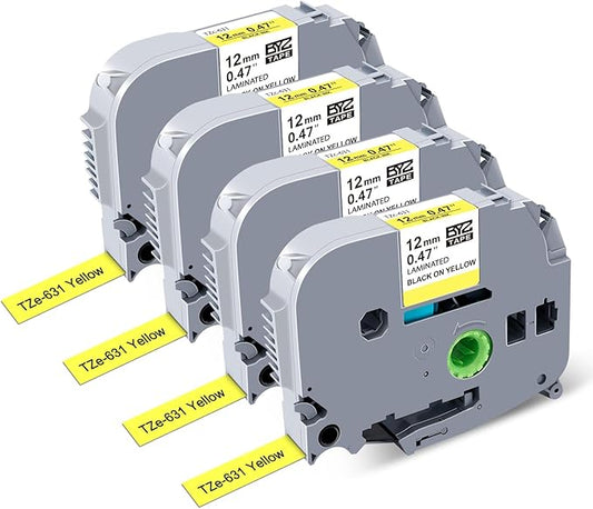 BOYEEZON 4Pack TZ Yellow Tape 12mm 0.47 Compatible for Brother PTouch TZe-631 TZE631 Black on Yellow Label Tape Work for Brother PT-D210 PT-D600 PTD400 Label Maker, 1/2 in x 26.2 Ft