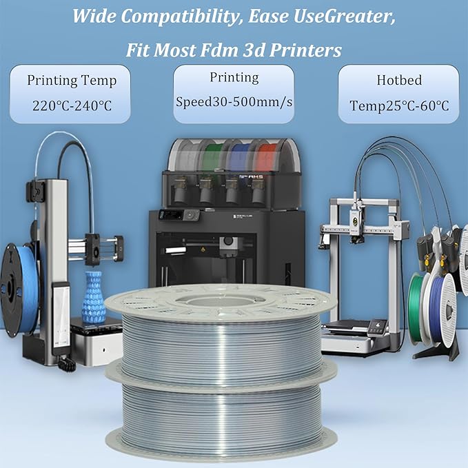 Silk Filament 1.75, Pla + Filament, 3D Printer Filament, Dimensional Accuracy +/- 0.03 Mm, 3D Printer Filament Silk, Pla Filament', Pla 1 Kg (2.2 Lbs), Fit Most FDM 3D Printers (Silver)