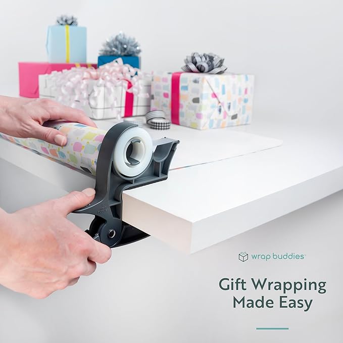 Wrap Buddies Tabletop Gift Wrapping Tool — Wrap Buddies Adjustable Paper Clamps with Tape Dispenser for Wrapping, Crafts, & Holiday Projects — Fits Most Tables & Countertops — Slate Grey, Set of 2