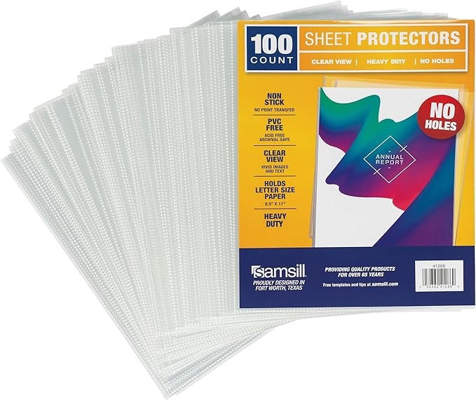 Samsill No Holes Sheet Protectors, 100 Pack, 8.5 x 11 Inch Page Protectors for 3 Ring Binder, Heavy Duty, No Hole Protector, Letter Size, Top Loading, Acid Free
