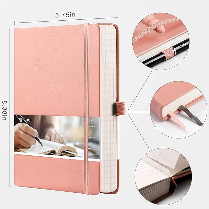 EMSHOI College Ruled Notebook-120gsm Thick Paper, 256 Numbered Pages Lined Journal for Women, 16 Perforated Pages, Faux Leather Hardcover, Inner Pocket, Pen Holder, A5 Medium 5.75" x 8.38"-Pink