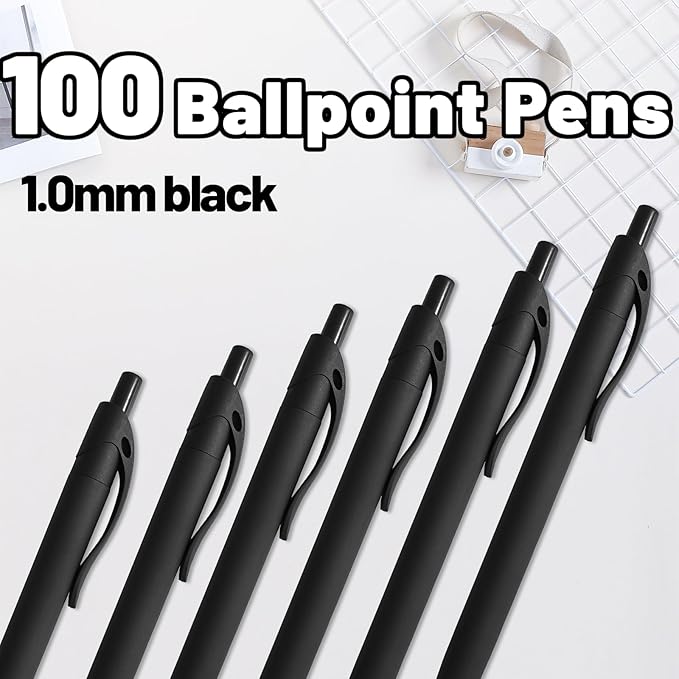 BallPoint Pens, 100 Pack (BLACK Ink),Bulk Pens, Black Barrel,Click Pens for Office Home and School, Retractable Ballpoint Pens, Medium Point, 1.00MM (Black)