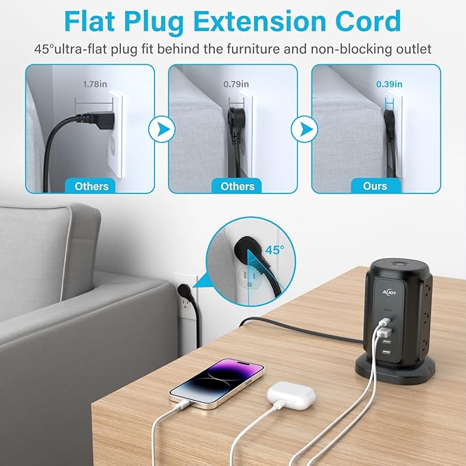 AiJoy Flat Plug Power Strip Tower with 9 Outlets and 5 USB Ports (2 USB-C), 1200J Surge Protection, 1625W Extension Cord with Multiple Outlets Charging Station for Home Dorm Office Supplies