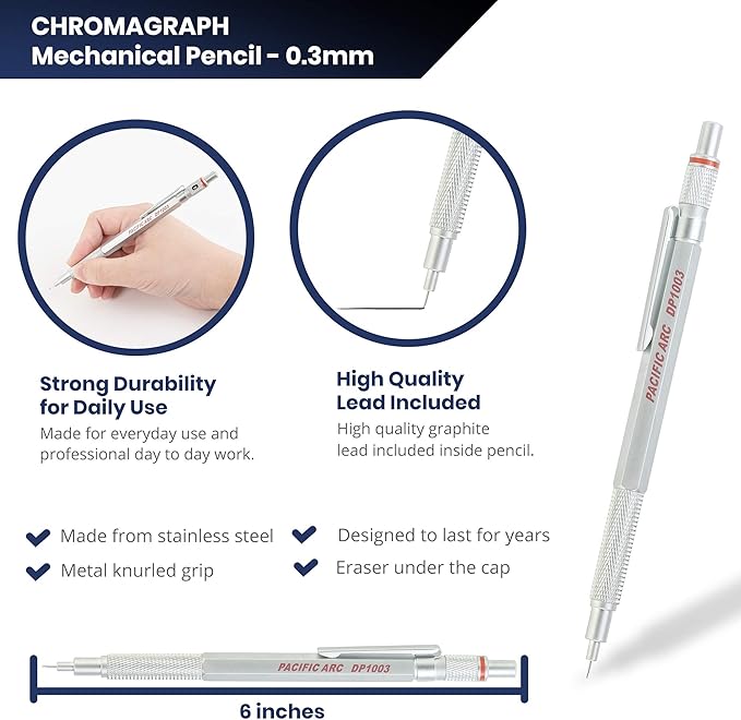 Pacific Arc Chromagraph Metal Mechanical Pencil .3 mm Silver Barrel Mechanical Pencil with Built In Lead Pencil Grade Indicator, Lead Pencil Holder for Drafting, Sketching, and Drawing