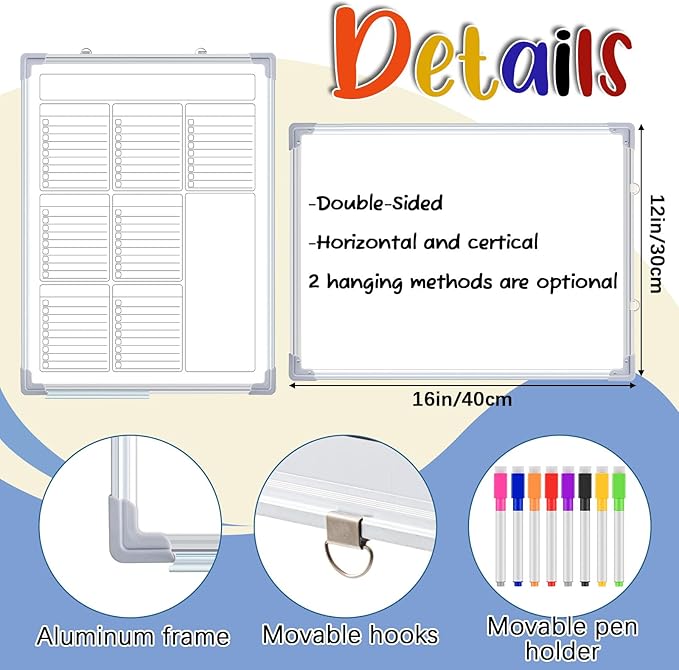 Lincia Magnetic to Do List Whiteboard for Wall, Weekly Dry Erase Board, Hanging Double-Side White Board Calendar for Planning Drawing Memo Home Office Kitchen(16" X 12",Pleochroic)