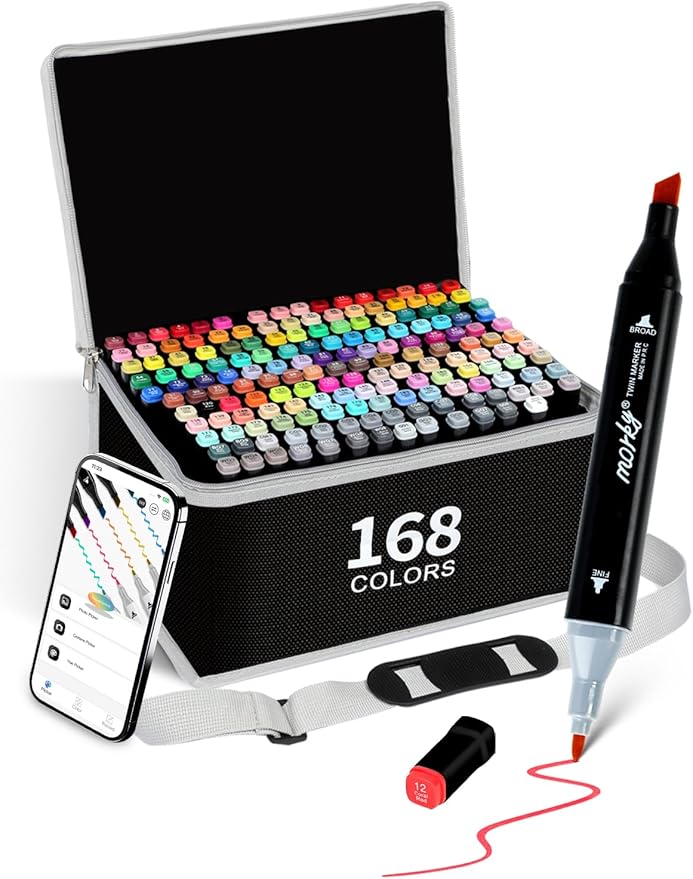 168+2 Colors Alcohol Markers with Free App, Chisel & Fine Tip Alcohol-Based Marker Set for Adults Kids, Dual Tip Artist Markers for Drawing, Coloring Illustration, Painting and Great Gift Idea